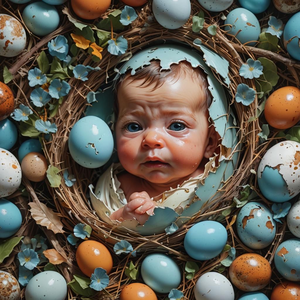 Cherubic Baby Hatches From Robin's Egg: Hyperrealistic Art