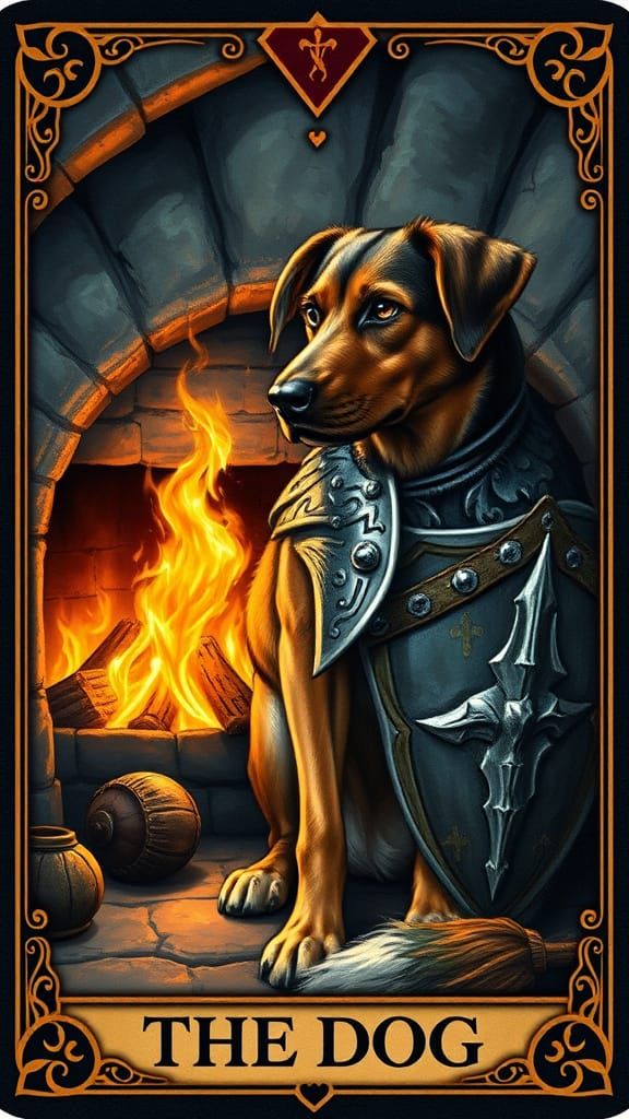 Create a Lenormand card featuring "The Dog" in an oil painting style. Depict a close-up of a loyal hound sitting by a st...