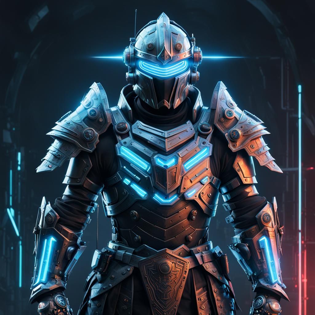 Cyberpunk Knight Fusion with Neon Armor