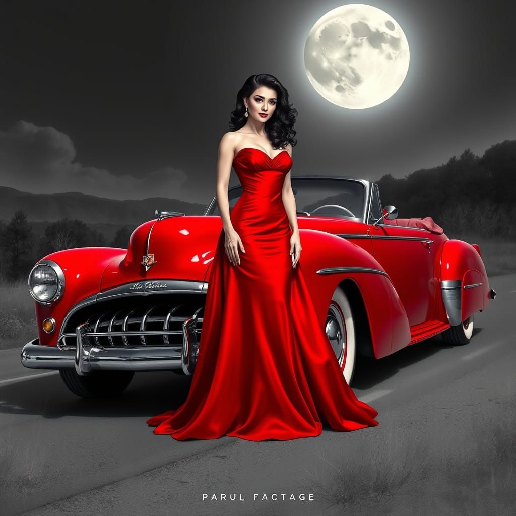 Elegant Woman in Crimson Gown Beside Vintage Car in Moonlit ...