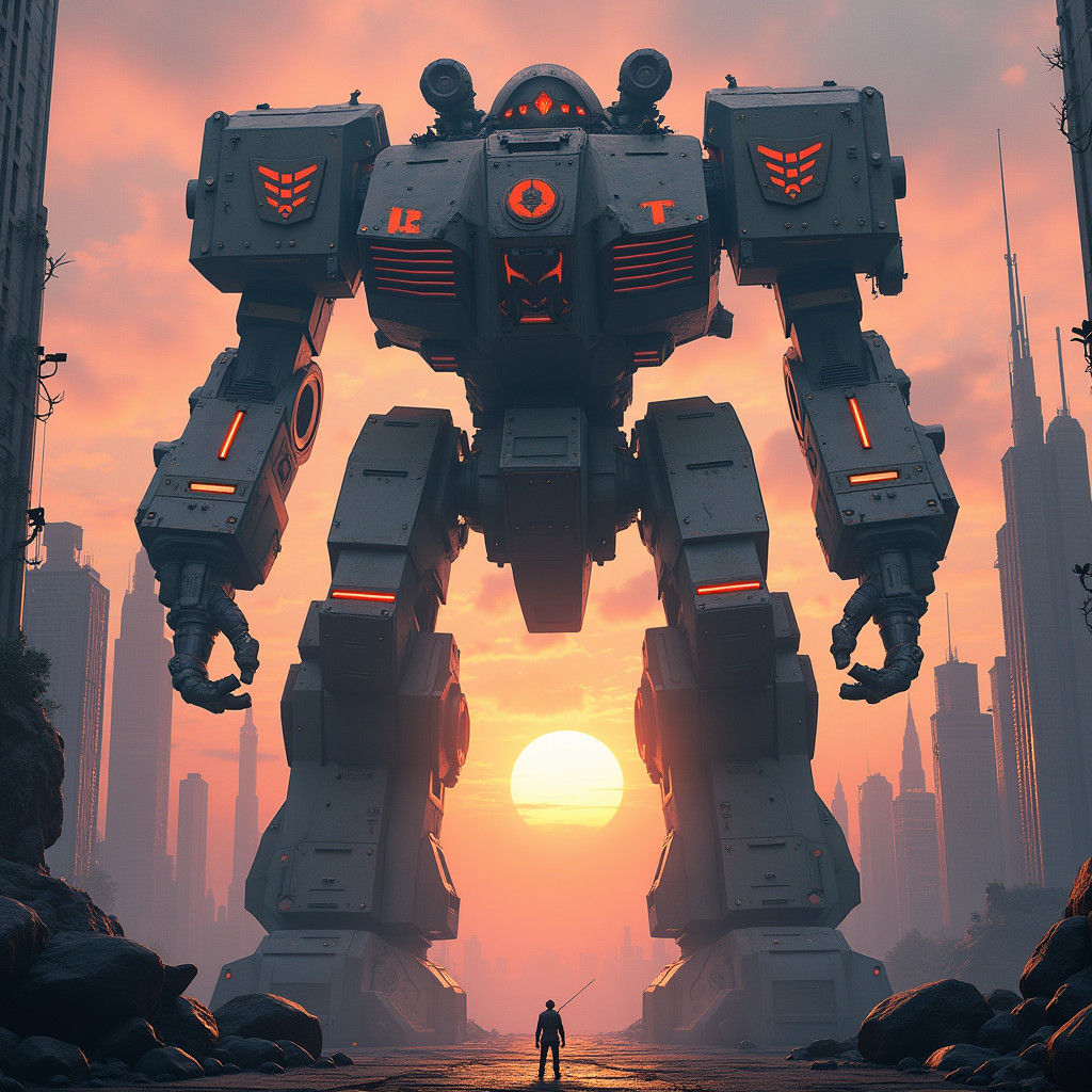Colossal War Machine in Futuristic Metropolis