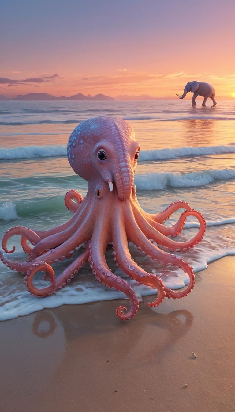 Octopus-Elephant Creature Strolls on Beach in Pastel Colors