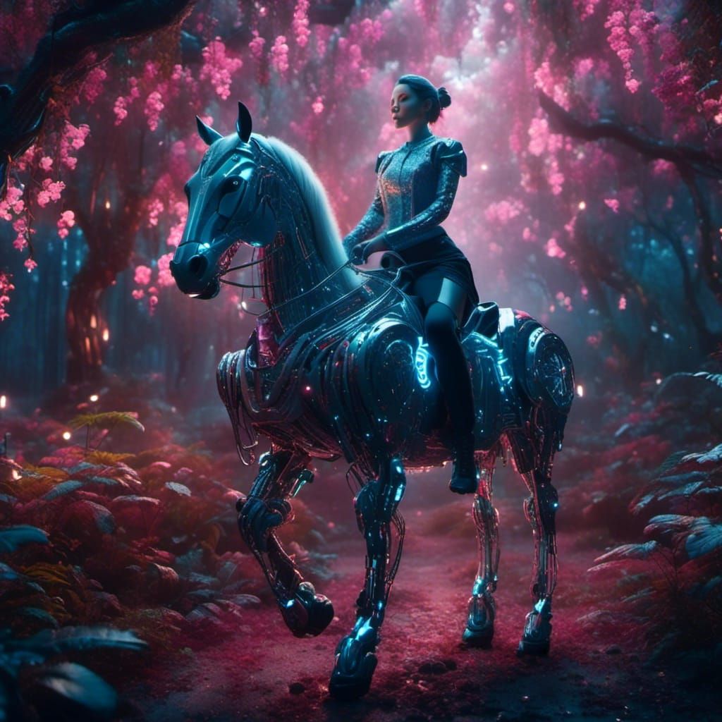 Cyborg Rider in Enchanted Cyberpunk Forest