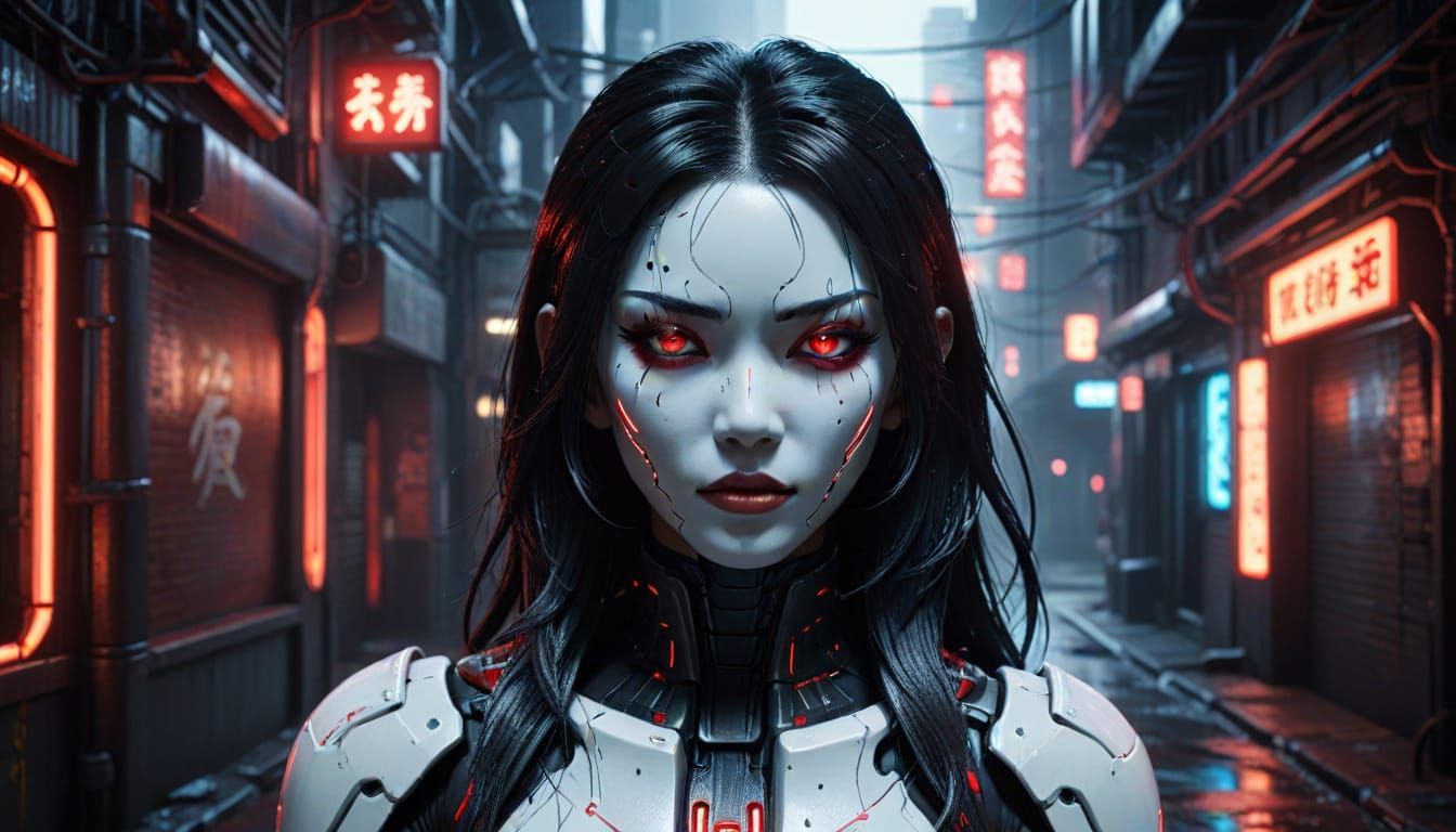 Japanese Cyborg in Neon Alleyway, Cyberpunk Style