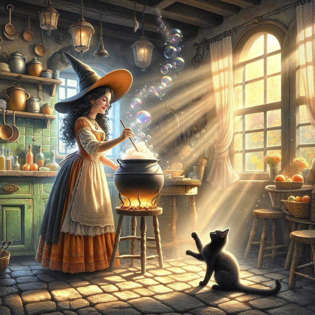 Charming Witch Brews Potion in Quaint Kitchen