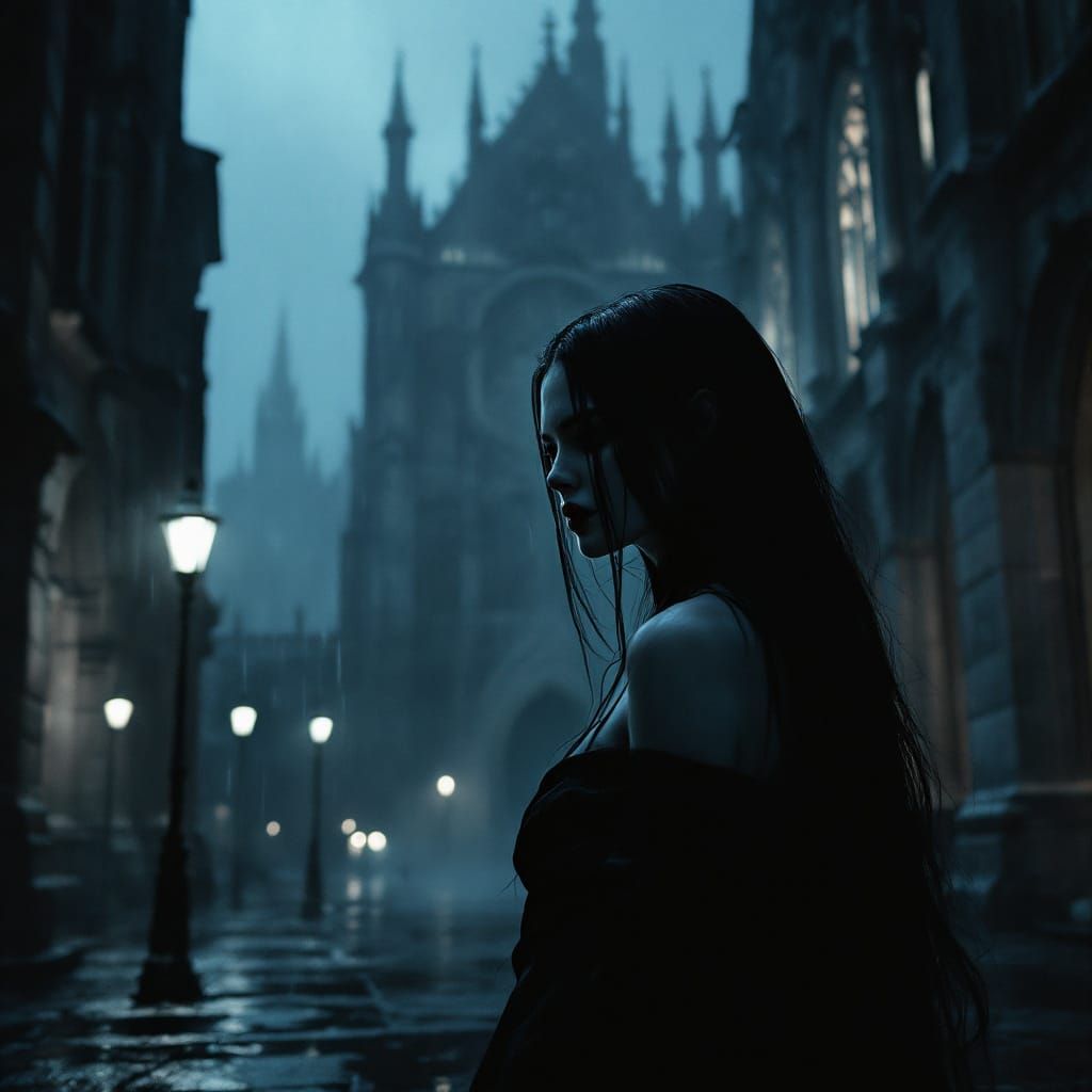 Vampire Woman in Rainy Cathedral Courtyard, Film Noir