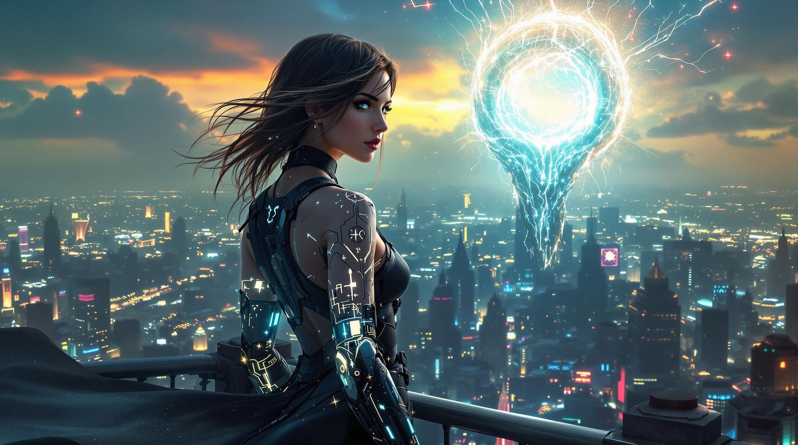 Cybernetic Woman Guardian Over Neon Cityscape