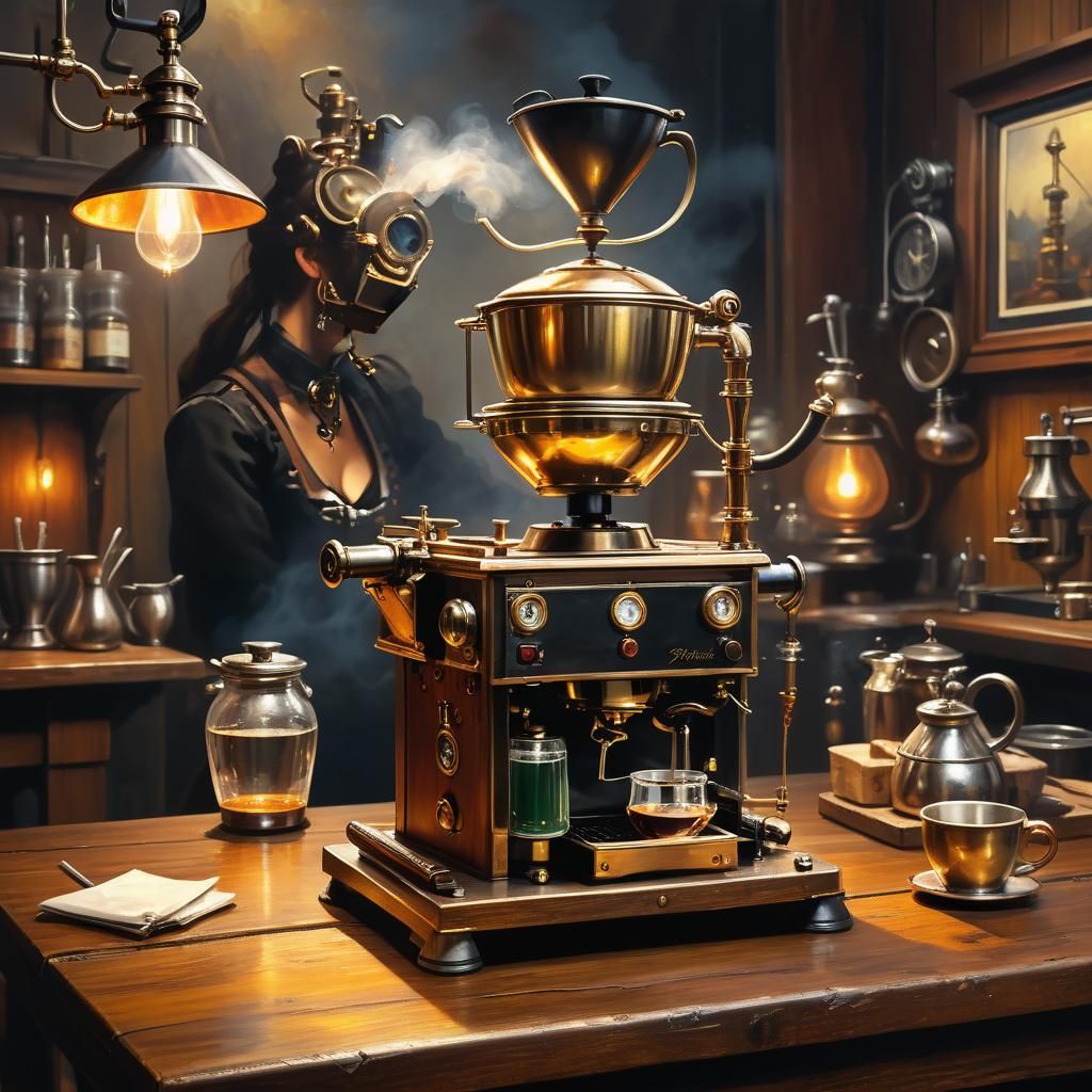 Steampunk Coffee Maker in Oil Painting Style