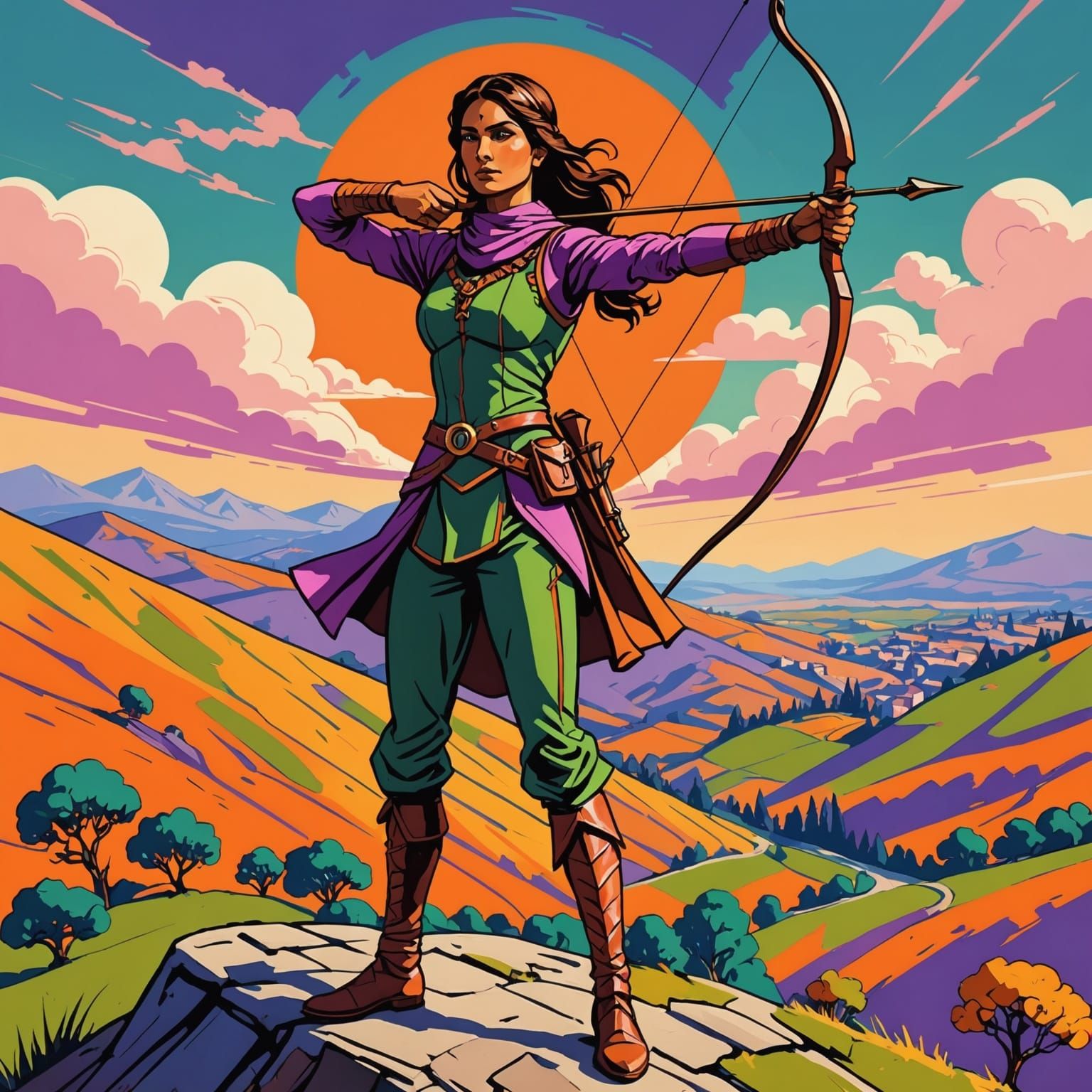 Archer Woman Warrior Against Fiery Sky in Qajar & Fauvist St...