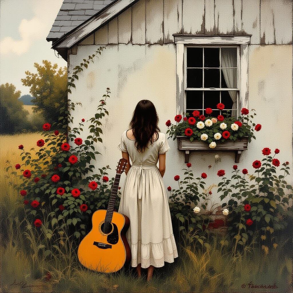 Melancholic Woman with Guitar in Rustic Setting