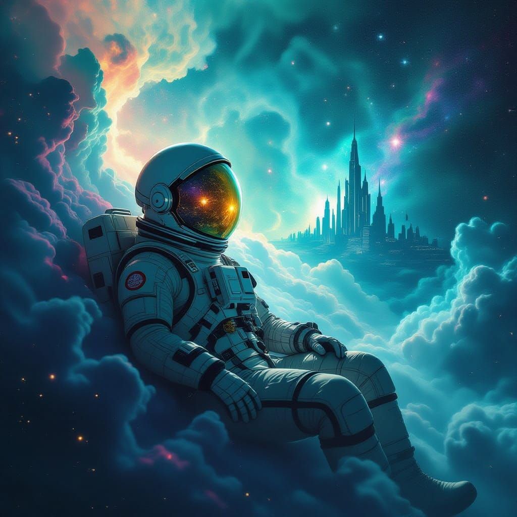 Astronaut Adrift in Nebula Reflecting Alien City
