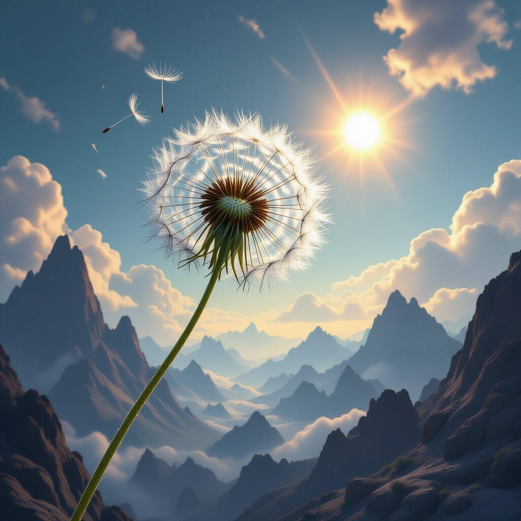 Colossal Dandelion Seed in Alien Sky with Twin Suns