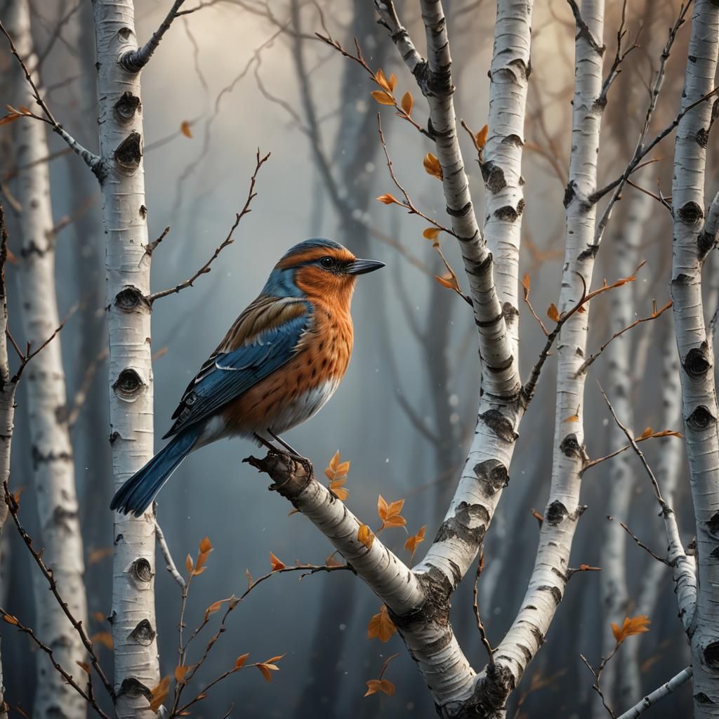 Colorful Bird on Birch Branch: Digital Matte Painting