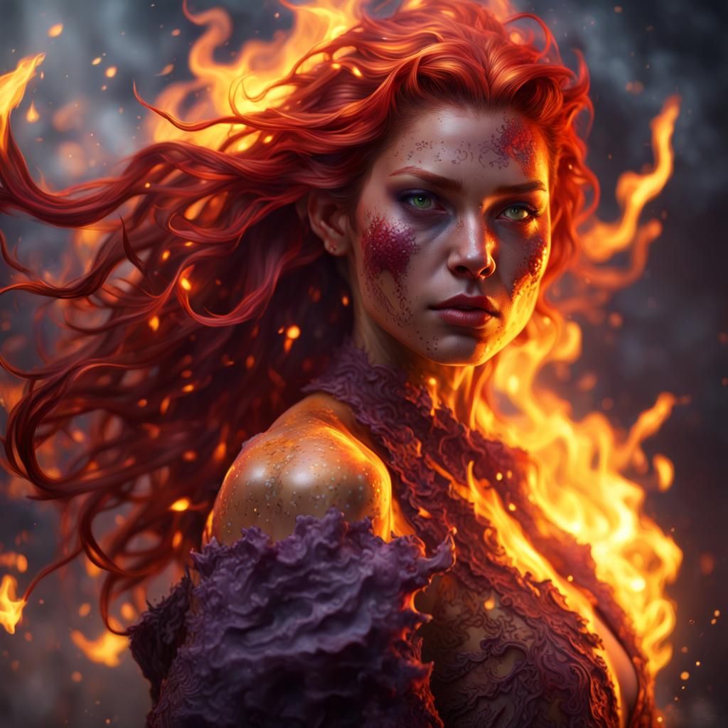 Fiery Female Elemental in Dark Fantasy Style