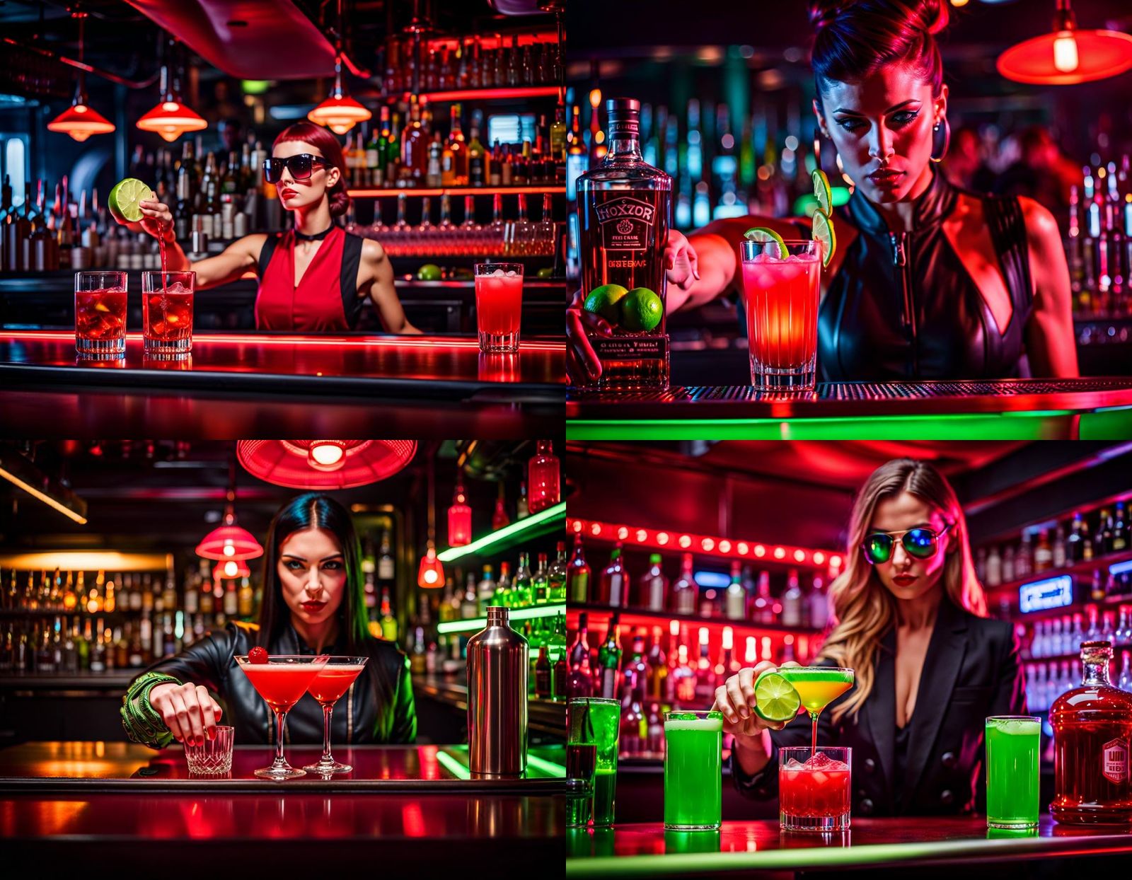 A futuristic hipster bar. The hipster cyber female bar tender is moxinv a drink in the foreground in big on the bar. We ...