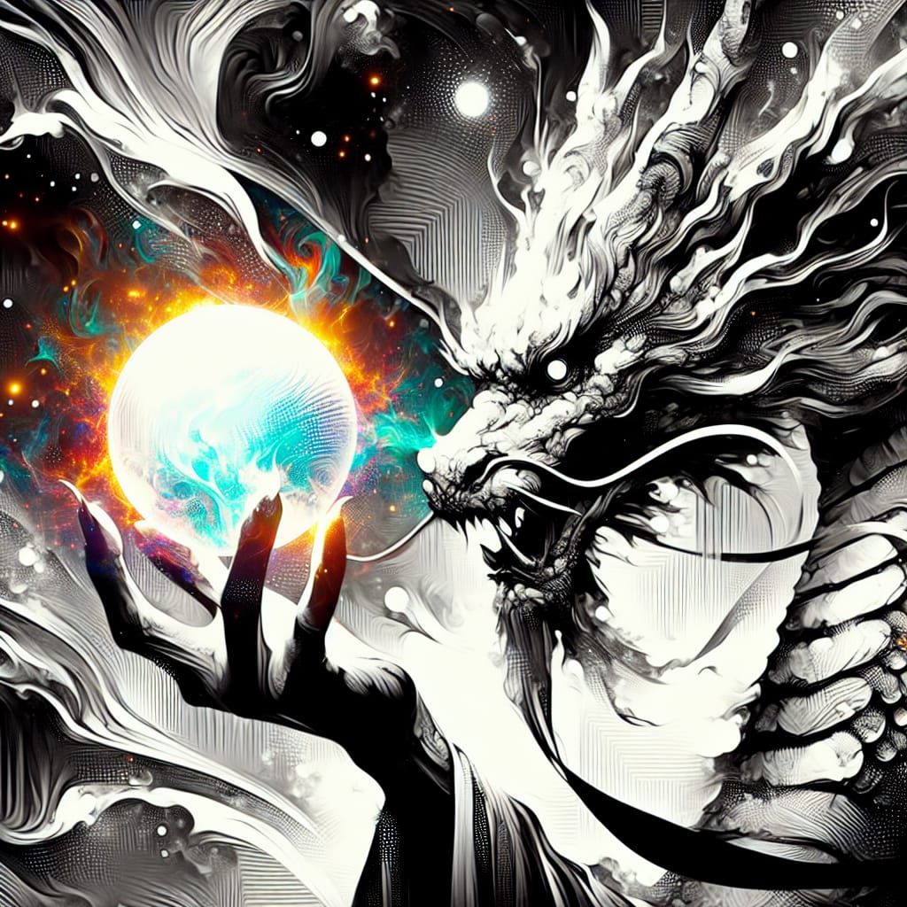 Dragon and Fox Mage: Monochrome Ink Art