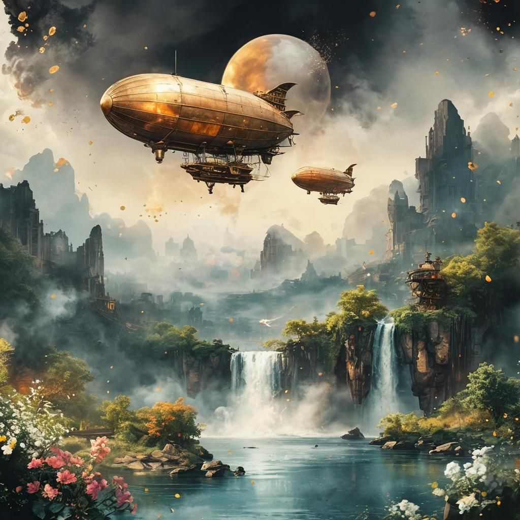 Steampunk Airships Hovering Over Metropolis