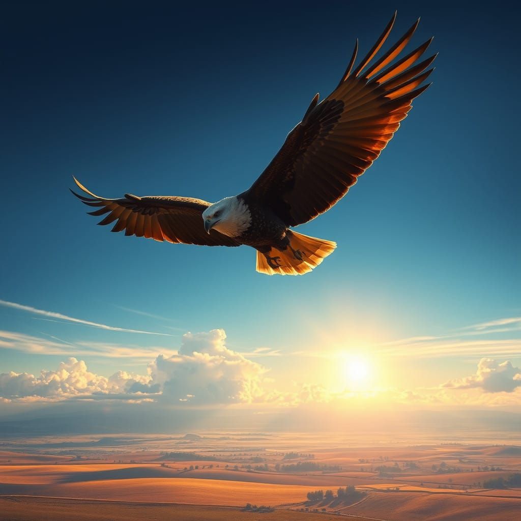 Eagle Soars Over Sun-Kissed Flatlands in Detailed Matte Pain...