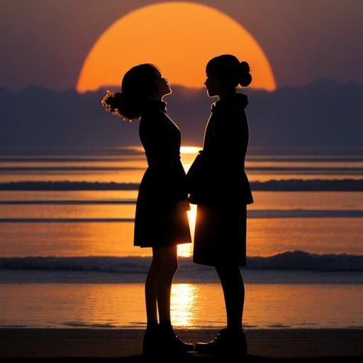 Silhouette of Two Women Kissing at Sunrise
