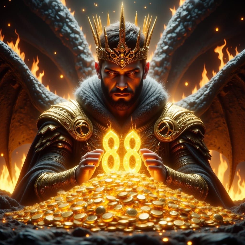 Golden King Amidst Treasure in a Dragon's Lair