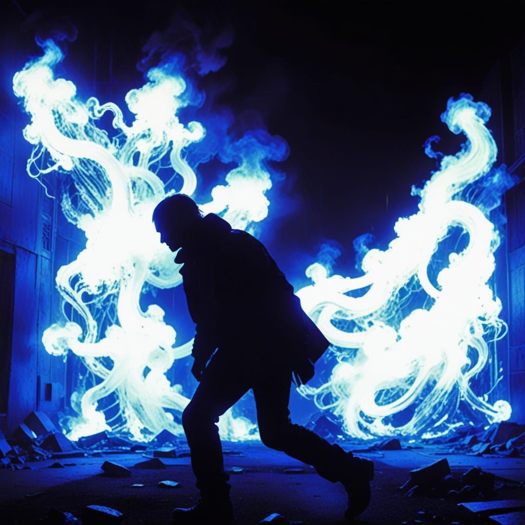 Mysterious Figure in Neon Inferno