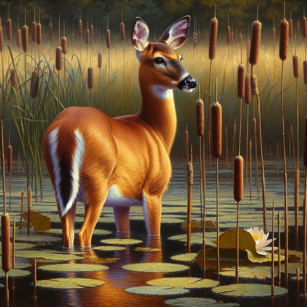 Refined Oil Painting of a Doe in Serene Wetland Elegance