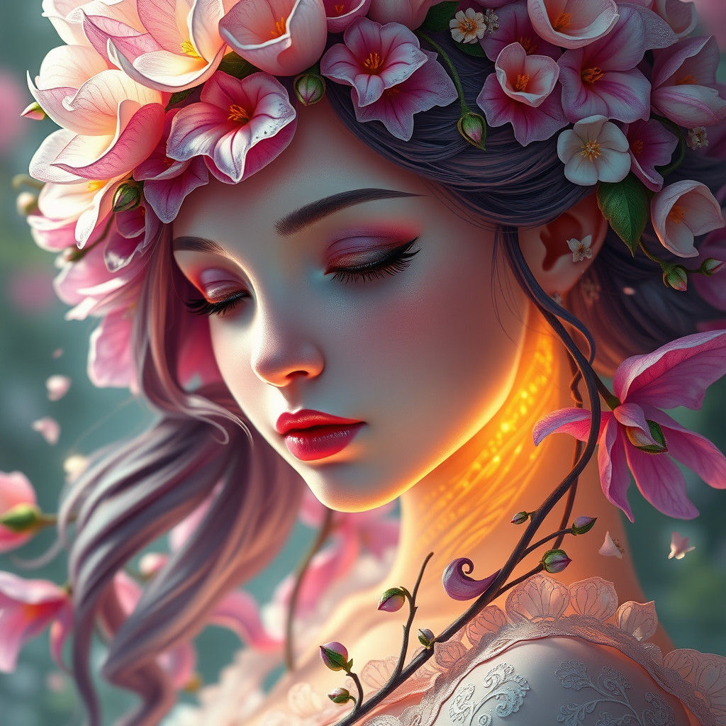 Ethereal Fantasy Flower Girl Portrait in 8k