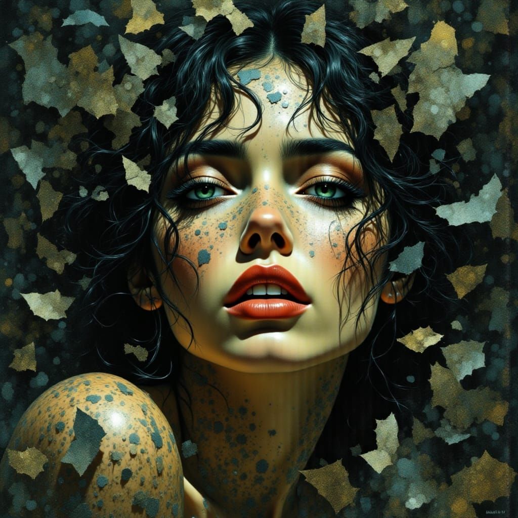 Surreal Woman's Distorted Face in a Dark, Dreamlike Landscap...