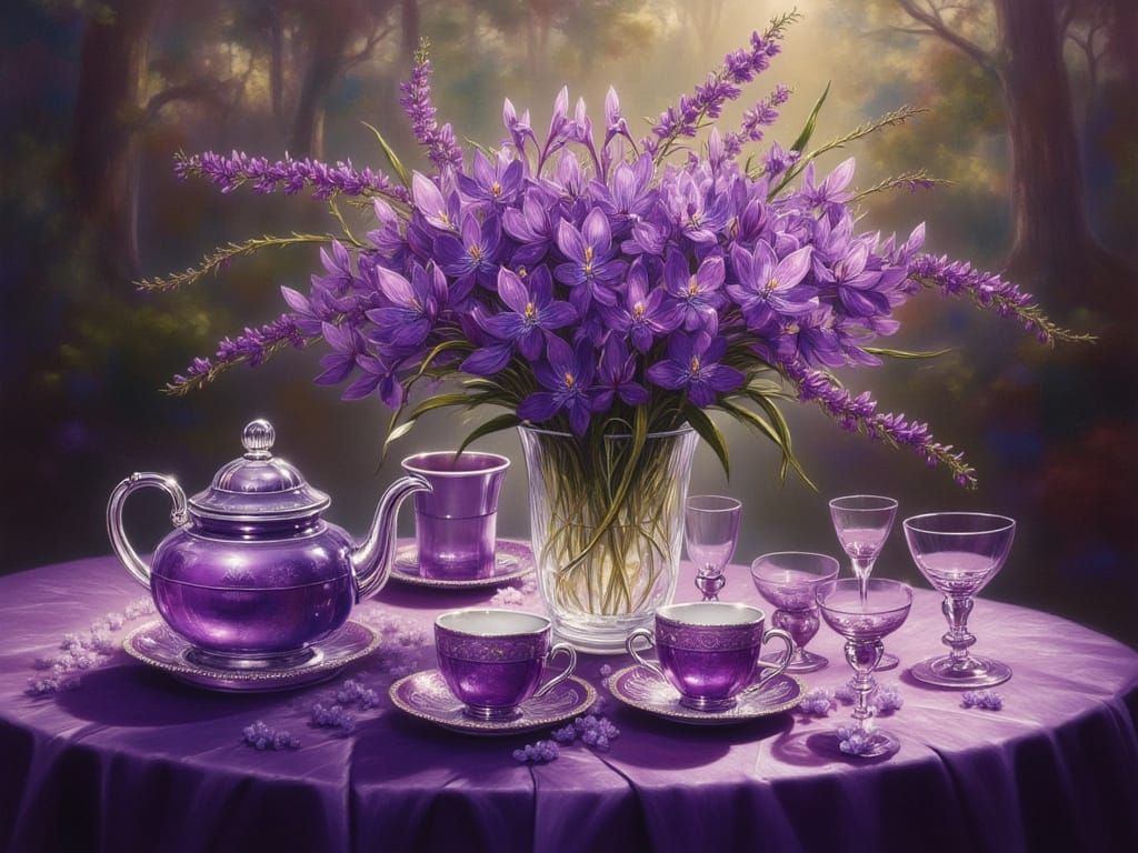 Enchanting Purple Irises Tea Party in Ethereal Light