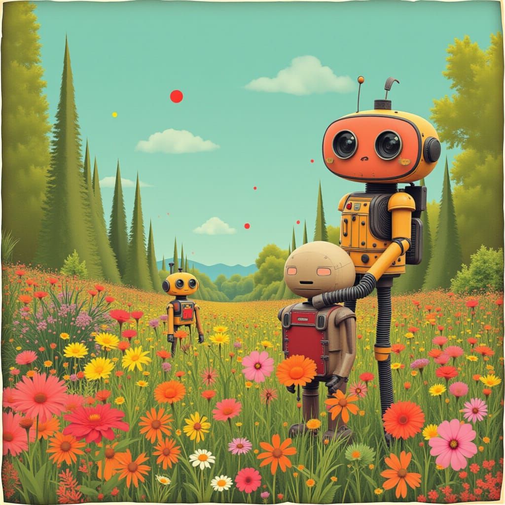 Cute Robots Enjoying a Flower Garden in Retro Style
