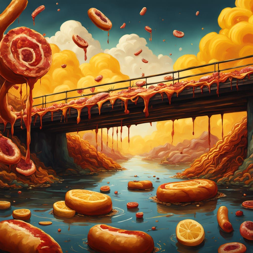 Bacon Sausage Bridge Over Mustard Sea in Vibrant Oil Paintin...