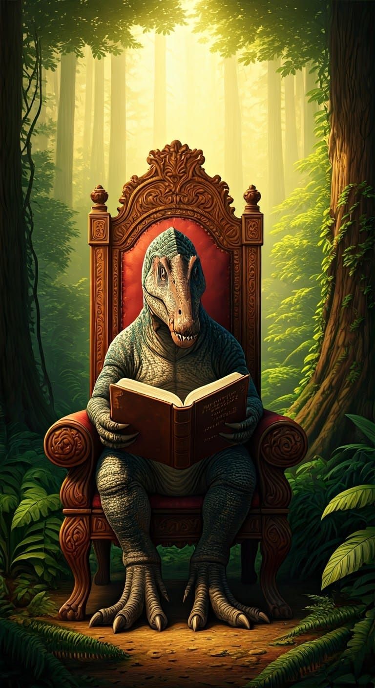 Spinosaurus Reading Bible in Forest, Whimsical Realism