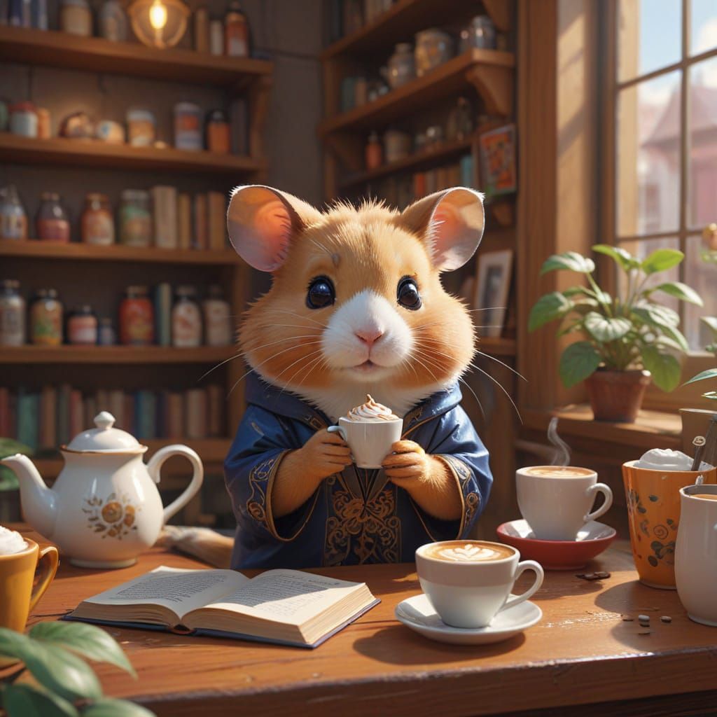 Cute Hamster Book Cafe in 3D Anime Style