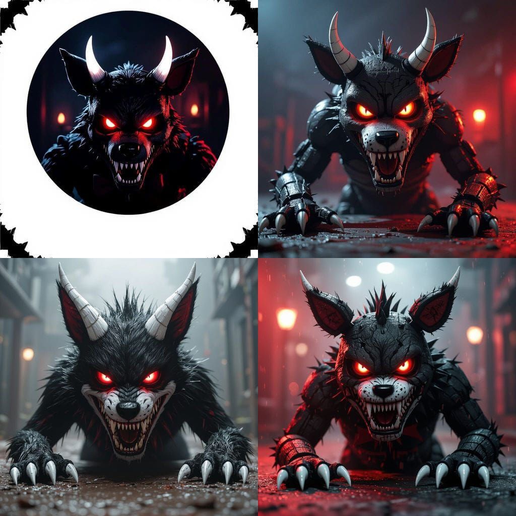 Nightmare Dog Character with Red Eyes and White Horns
