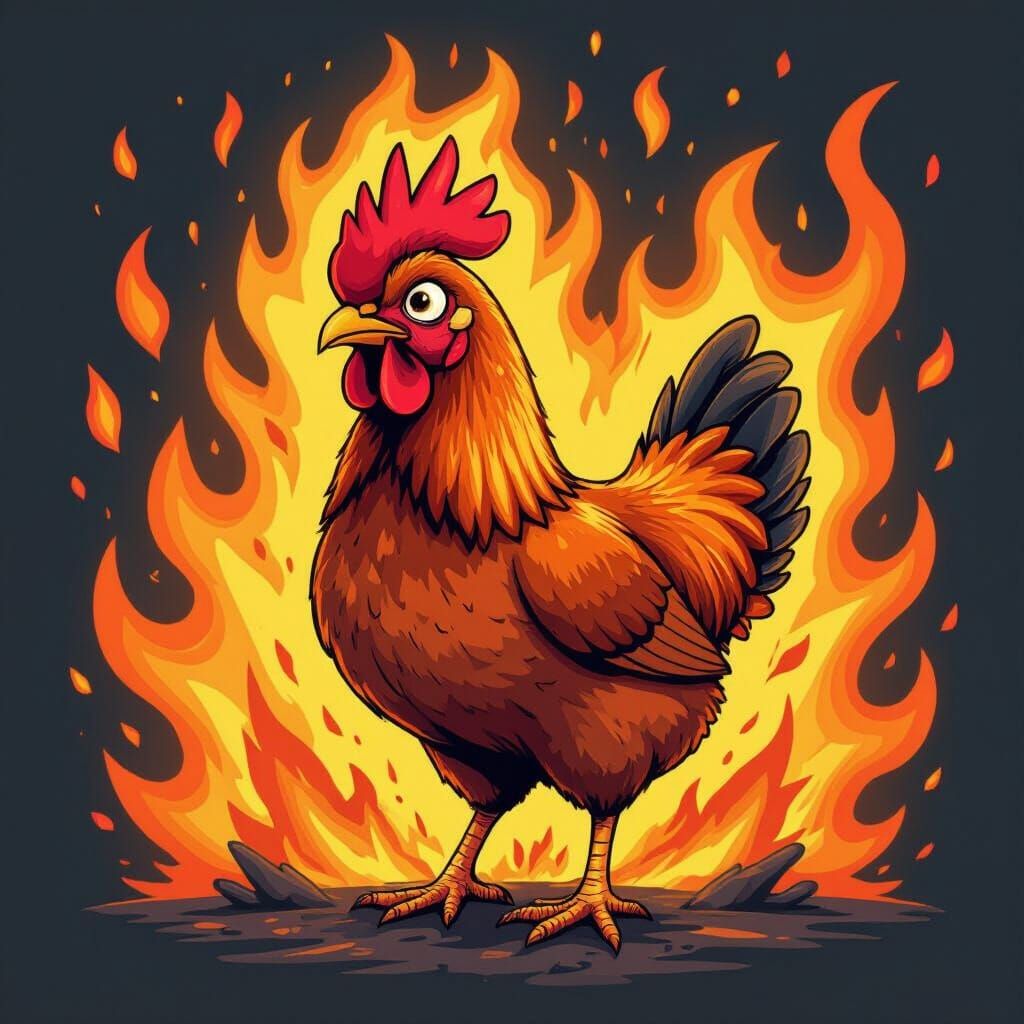 Surprised Flaming Chicken in Stylized Illustration