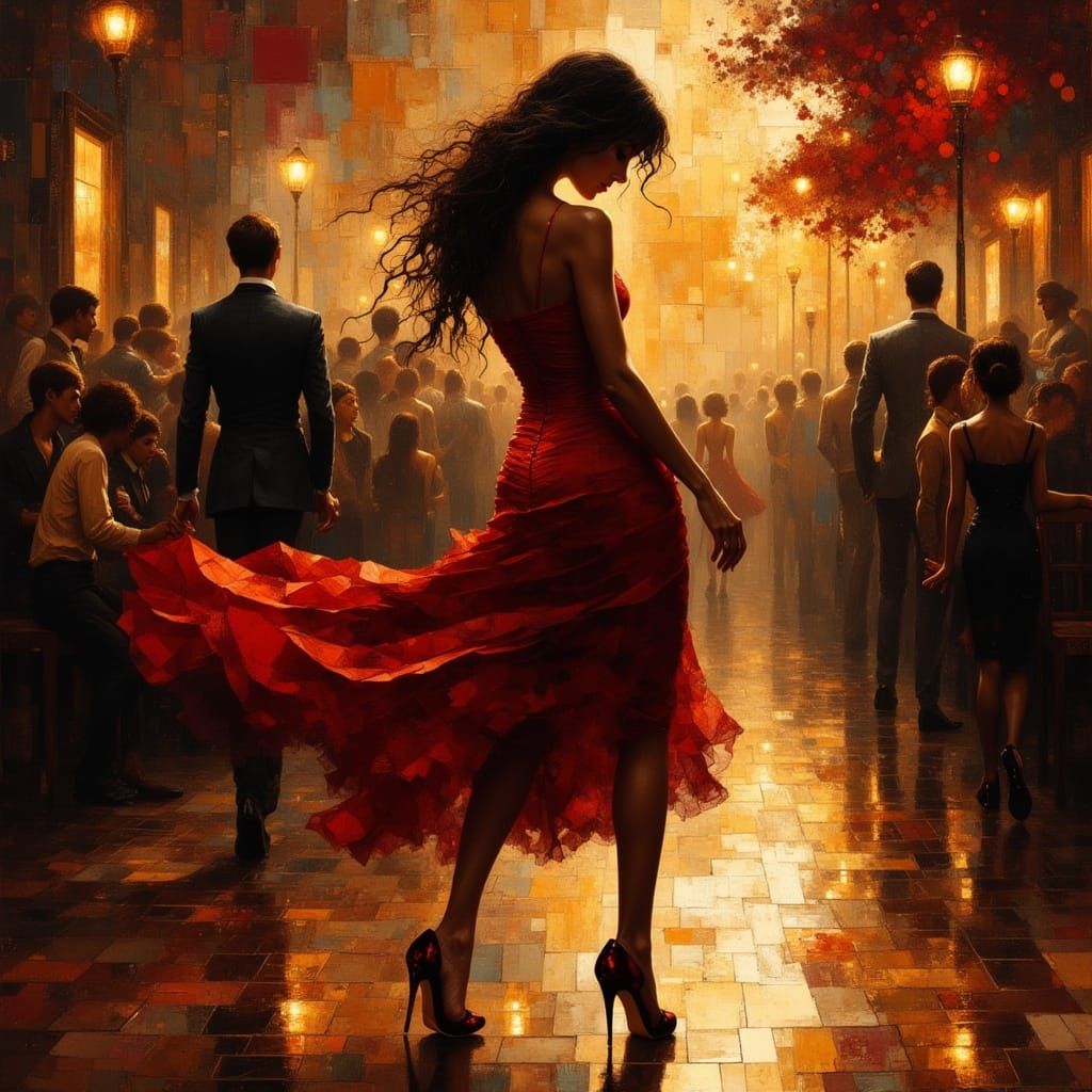 Tango Dancer in Red Dress, Dramatic Chiaroscuro Style