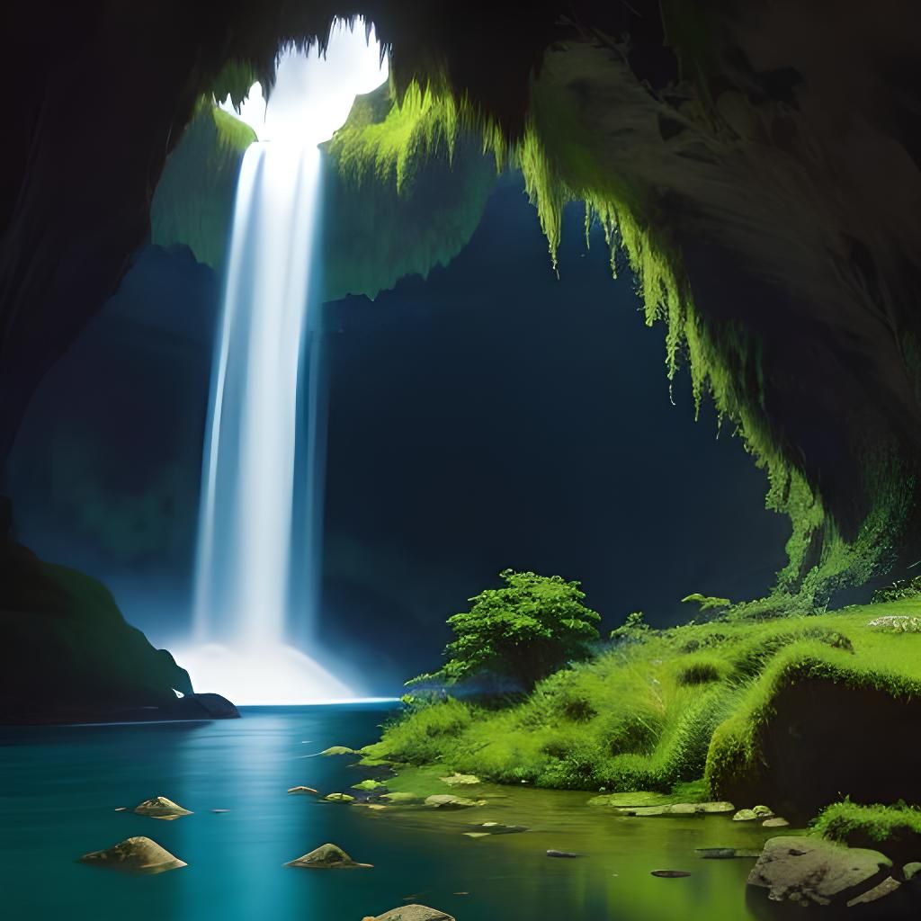 Lush Waterfall in Mountain Cave