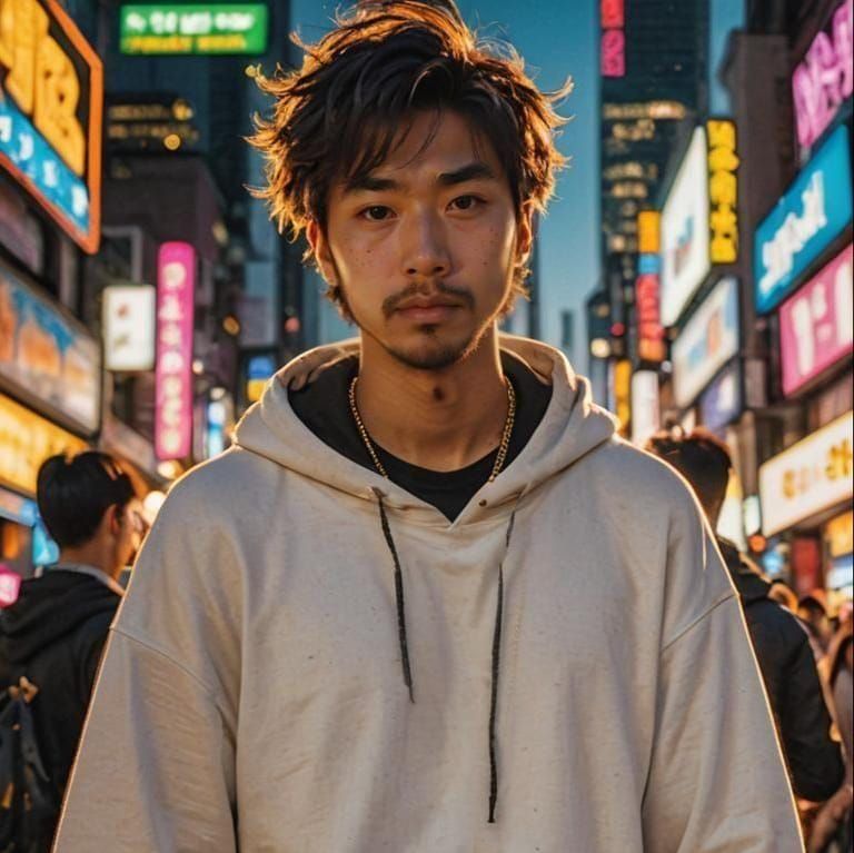 Korean Man in City Lights, Photorealistic Style
