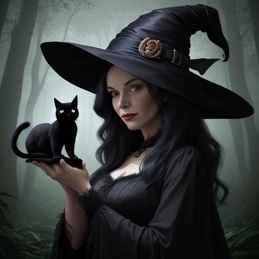 Enchanting Witch and Cat in Mystical Forest