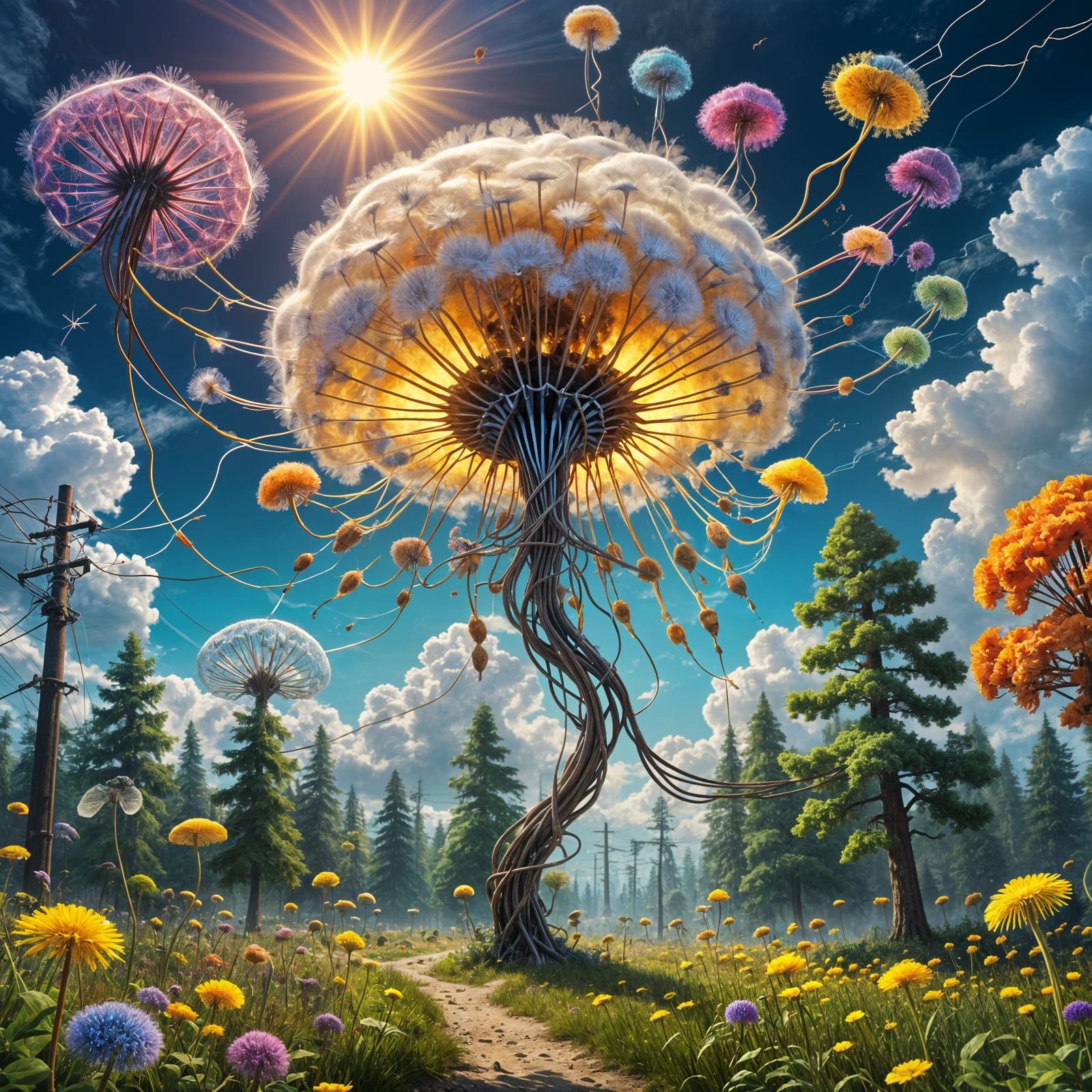 Vibrant Biomechanical Landscape with Flying Dandelion Jellyf...