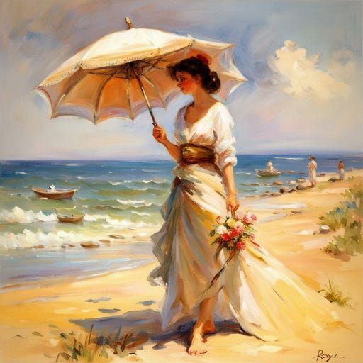Beach Scene with Flowers and Parasol