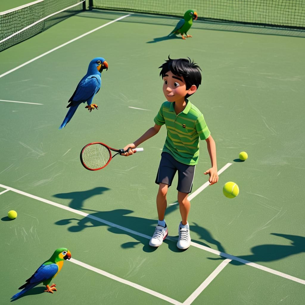 Boy Plays Tennis with Parrots: Pixar-Style 3D Animation