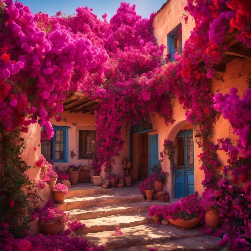 Bougainvillea-Covered Hacienda in Hyperreal Style