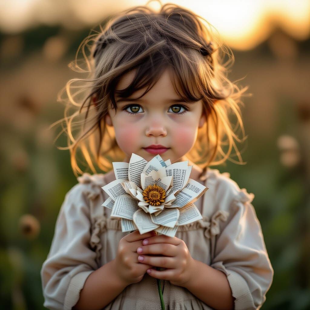 Poignant Girl with Newspaper Flower, Anne Geddes Style