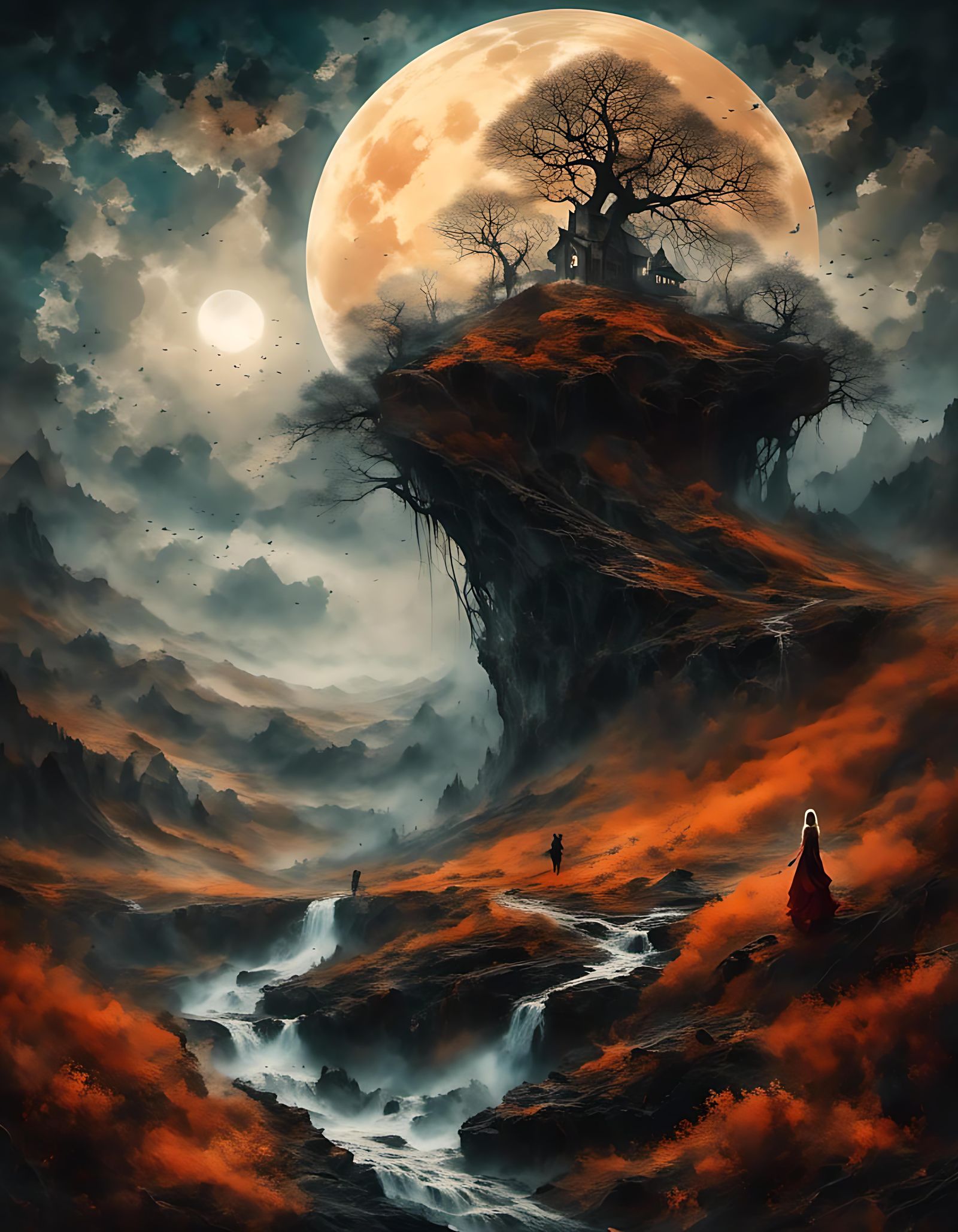 Silhouette of Woman on Mountain in Miyazaki Style