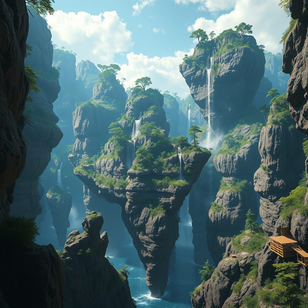 Surreal Floating Islands with Waterfalls in Hyperrealism