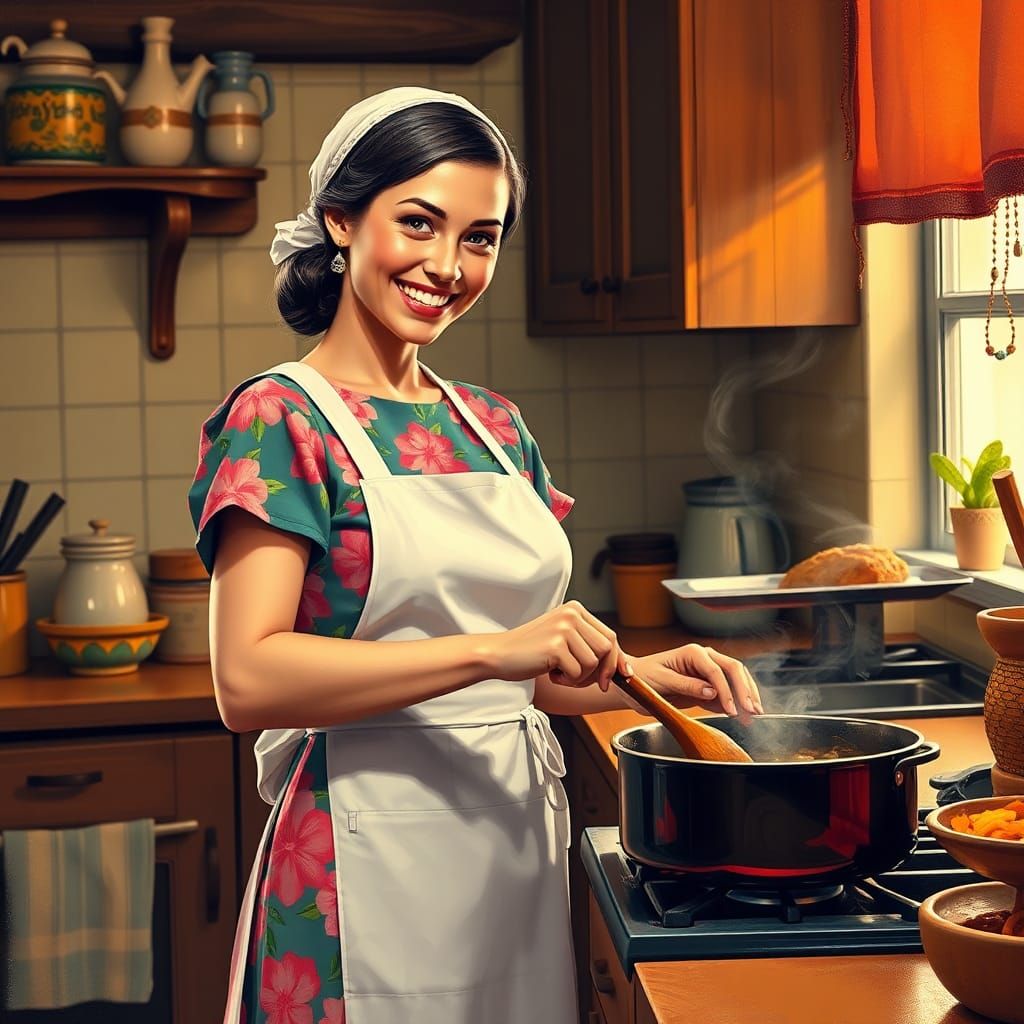 Tradwife Cooking Dinner in Vibrant Graffiti Art Style