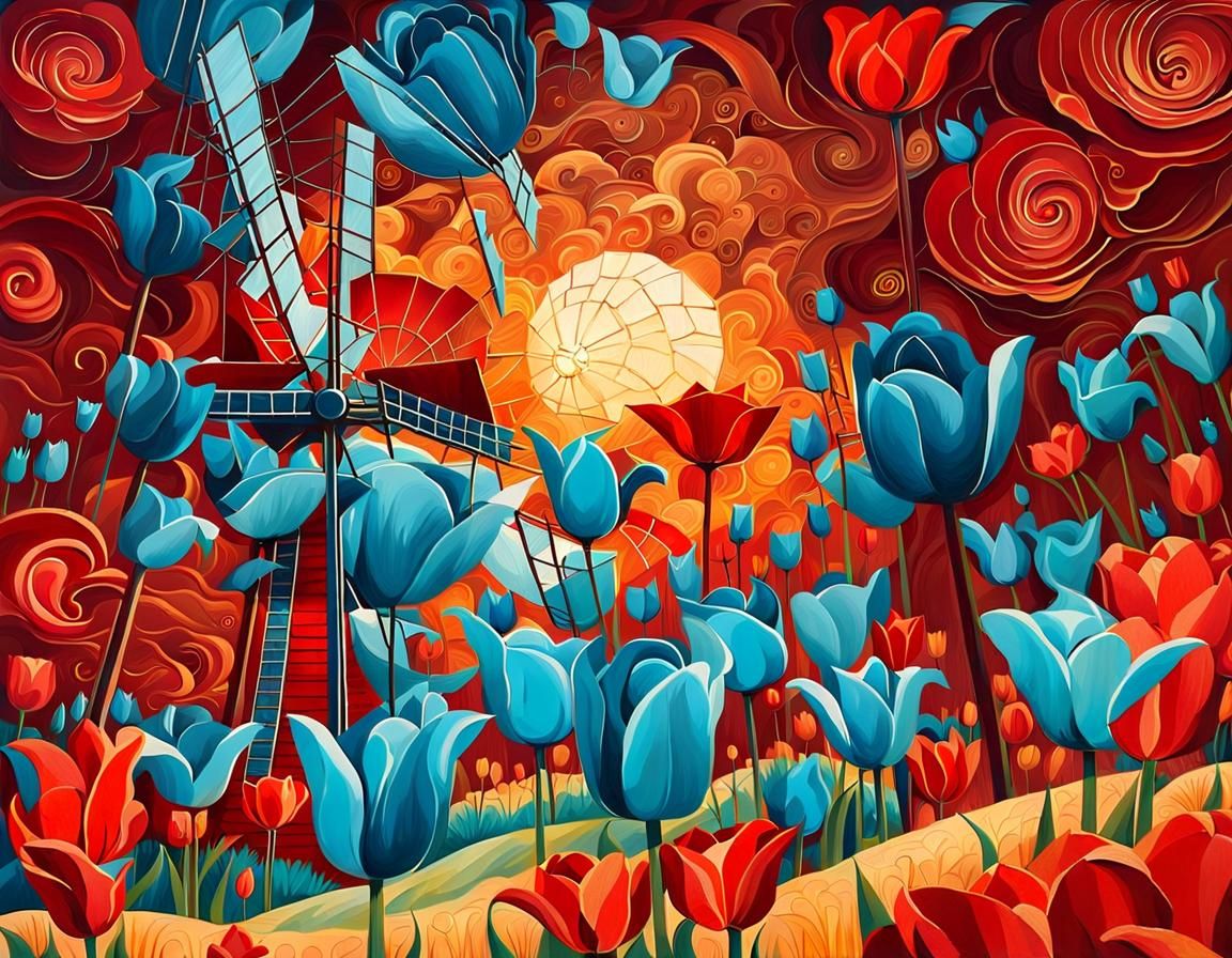 Dutch Windmill and Red Tulips in Neo-Impressionistic Style
