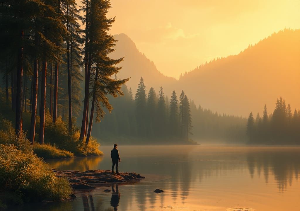 Ethereal Dusk: Lakeside Figure in Digital Landscape