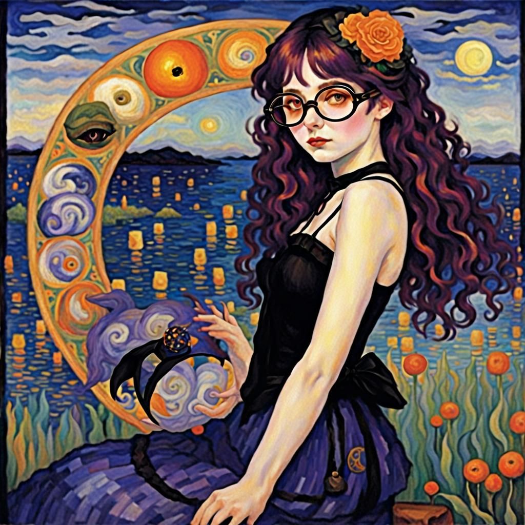 Anime Witch in Style of Klee, Klimt and Renoir